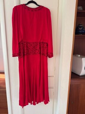 Vintage Silk Red Beaded Long Sleeve Maxi Dress
